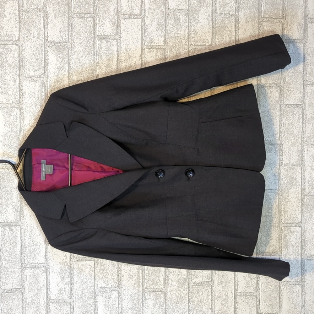 Ann Taylor Gray Blazer Magenta Lined Wool Blend Front Pockets Double Button